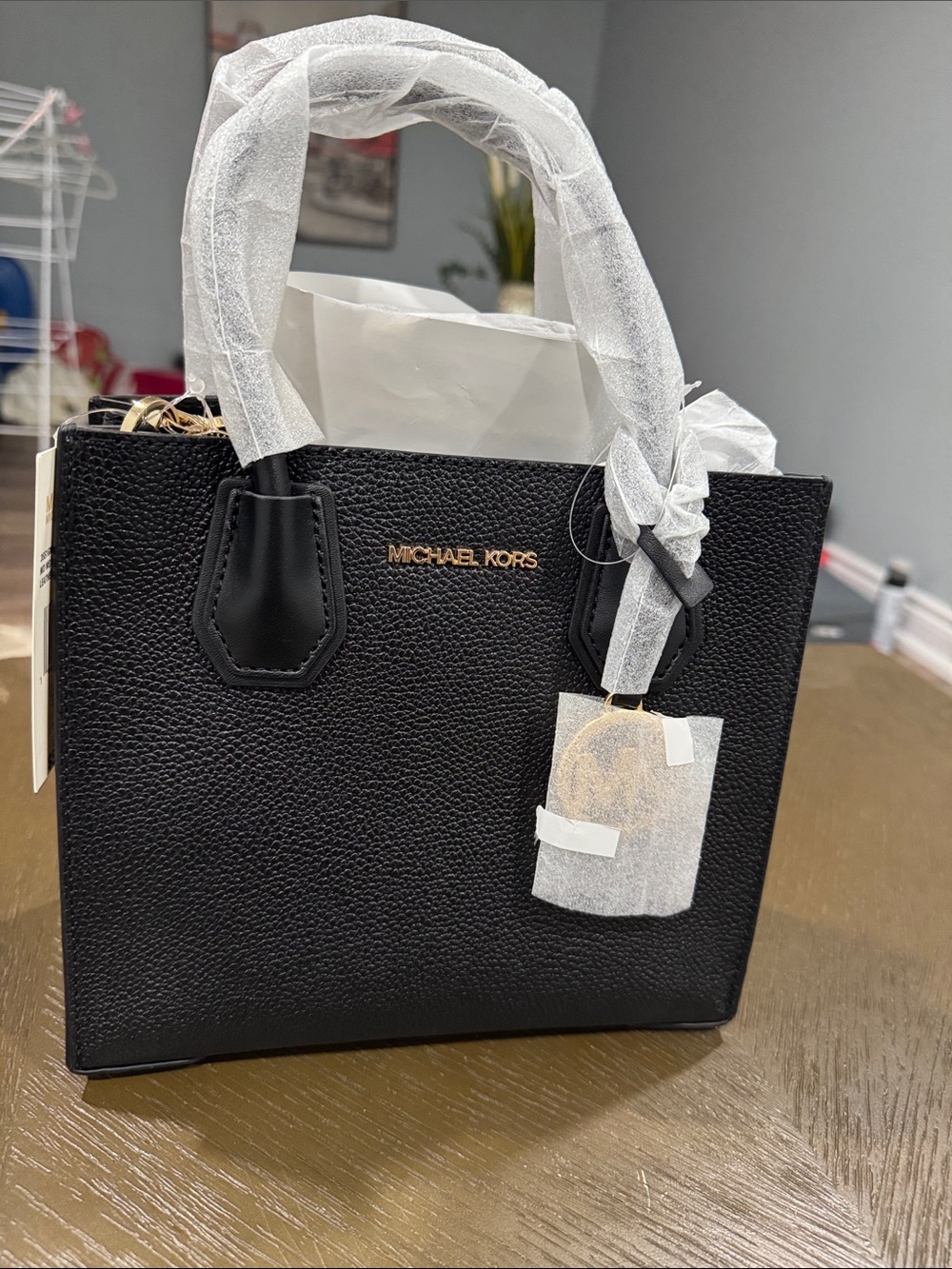 Michael Kors Black Pebbled Mini Satchel with Gold Logo